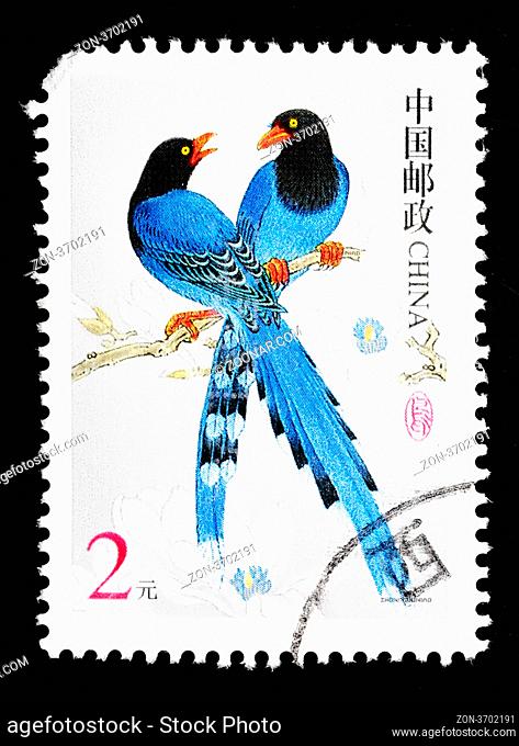 CHINA - CIRCA 2002: A Stamp printed in China shows image of two blue birds, circa 2002