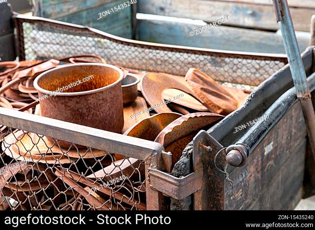 Original pots and pans in Oscar Schindler factory in Krakow, Poland