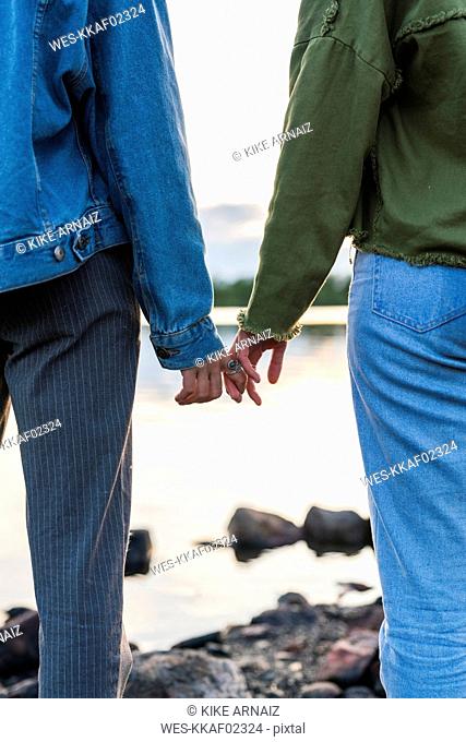 Finland, Lapland, close-up of two young women hand in hand at the lakeside at twilight