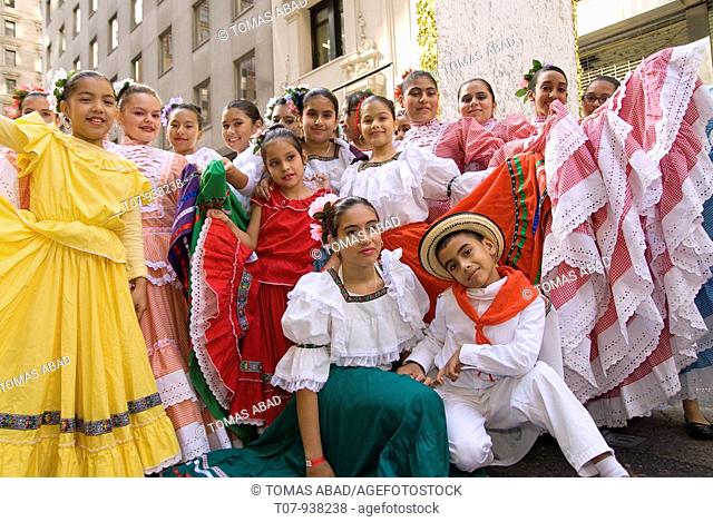 Colombian dance group wearing 'polleras', a folkloric costume, Annual Hispanic Day Parade on 5th Avenue, New York City, Celebrating the Hispanic Heritage