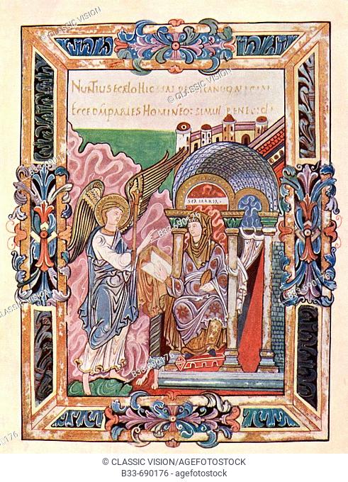 Facsimile of a page from the Ethelwold Benedictional showing the Annunciation From the book The Church of England A History for the People published c 1910