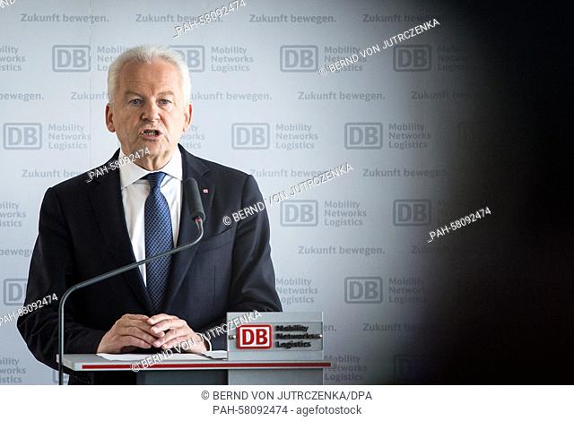 Ruediger Grube,  CEO of German railway company Deutsche Bahn, speaks during a press conference on the ongoing strikes by German train drivers in Berlin