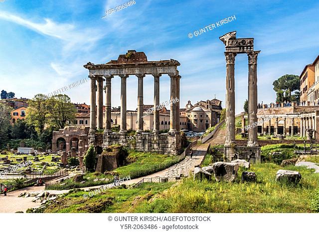 Roman Forum with the Temple of Saturn and the remaining columns of the Temple of Vespasian right, Rome, Lazio, Italy, Europe
