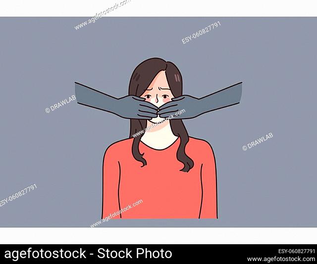Hands cover scared woman mouth forbid ban to speak or share thoughts. Stressed girl suffer from gender discrimination or domestic violence or abuse