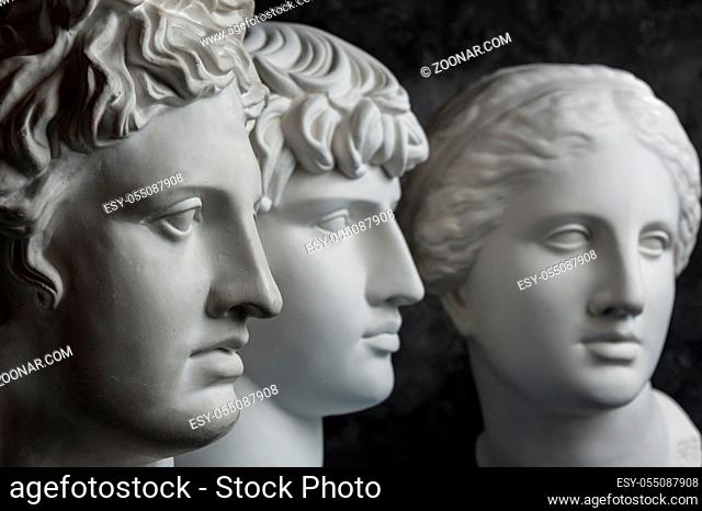 White gypsum copy of ancient statue of Apollo, Antinous and Venus head for artists on a dark textured background. Plaster sculpture of statue face