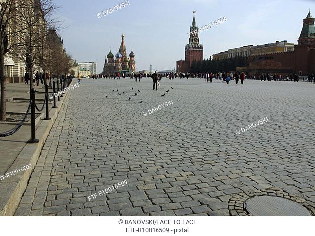 People walking on a wide street with pigeons seen on one side, Moscow