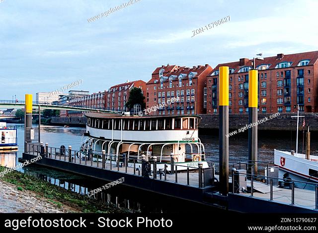 Bremen, Germany - August 5, 2019: Scenic view of the port of Bremen at sunset