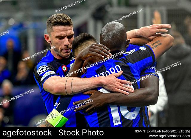 Milano, Italy. 16th, May 2023. Lautaro Martinez (10) of Inter scores for 1-0 and celebrates with Romelu Lukaku (90) and Robin Gosens (8) during the UEFA...