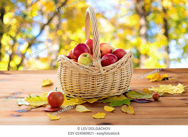 gardening, season, autumn and fruits concept - close up of wicker basket with ripe red apples and leaves on wooden table over natural background