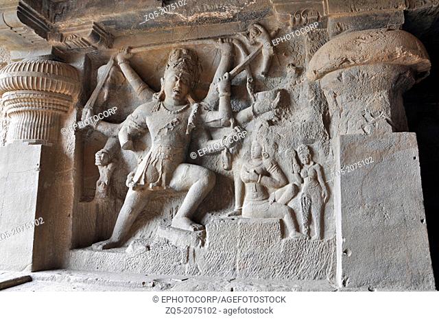 Cave 29 : Andhakasuravadha. Sculpture of Shiva impaling demon Andhaka. Ellora Caves, Aurangabad, Maharashtra, India