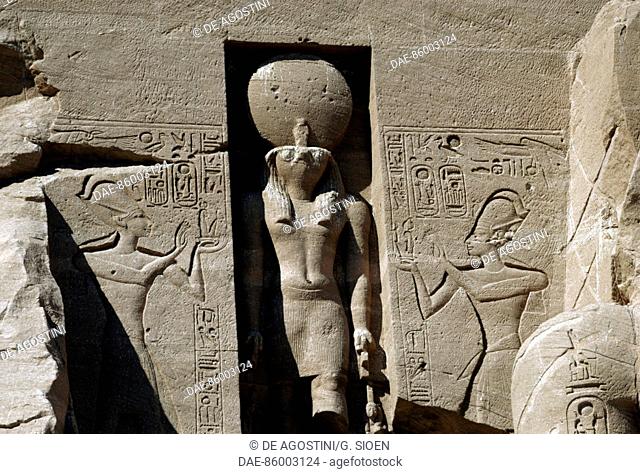 Statue of Ra Harakhte, above the entrance of the Great Temple of Ramses II, detail, Abu Simbel (UNESCO World Heritage List, 1979), Egypt