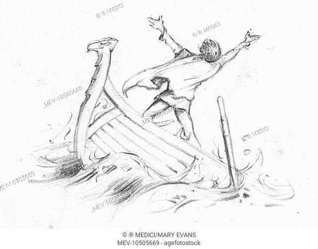 'L is for Loreley' - boy in boat (pencil sketch) from the book 'An Alphabet of Magic'. A young man reaches out and prays to the heavens as his boat is sinking...