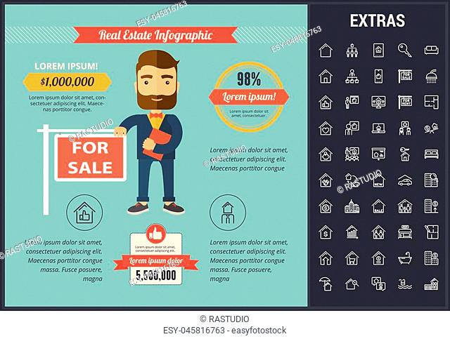 Real estate infographic template, elements and icons. Infograph includes line icon set with real estate agent, architecture engineering, investment broker