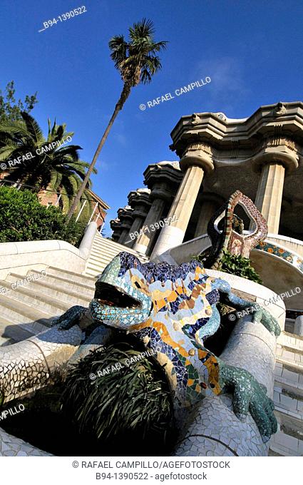Park Güell, garden complex with architectural elements situated on the hill of El Carmel, designed by the Catalan architect Antoni Gaudí and built in the years...