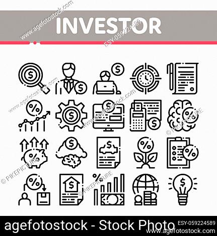 Investor Financial Collection Icons Set Vector Thin Line. Investor With Money Dollar And Lightbulb, Brain With Percentage Mark And Document Concept Linear...