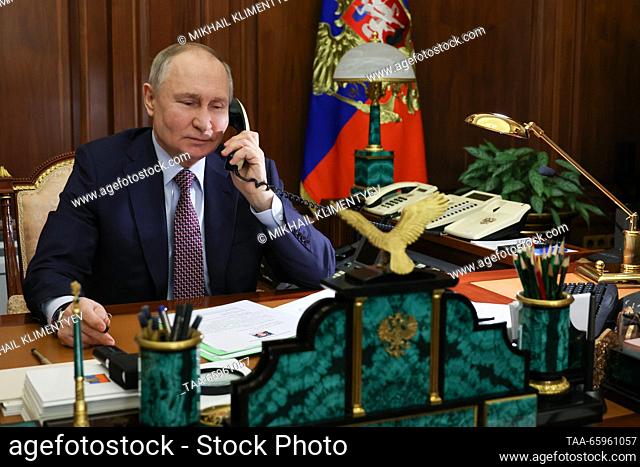 RUSSIA, MOSCOW - DECEMBER 21, 2023: Russia's President Vladimir Putin has a phone conversation with St Petersburg schoolgirl Ksenia Mazneva, 13