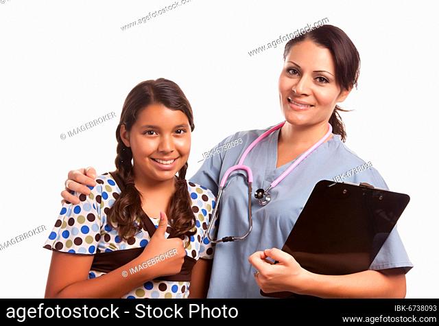 Pretty hispanic girl and female doctor isolated on a white background