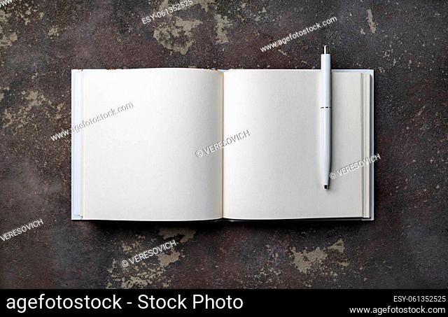 Photo of blank booklet and pen on concrete background. Responsive design mockup. Flat lay