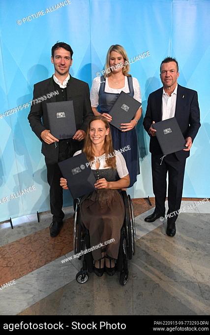 15 September 2022, Bavaria, Munich: Felix Neureuther (l-r) Anna Schaffelhuber, Natalie Geisenberger and Lothar Matthäus show off as Bavarian Ambassadors of...