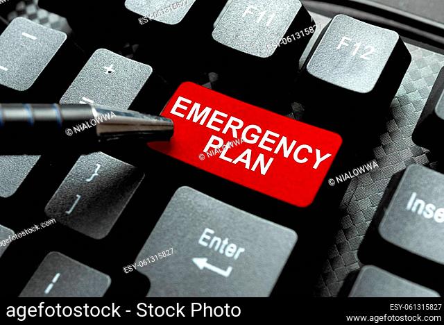 Hand writing sign Emergency Plan, Concept meaning instructions that outlines what workers should do in danger Typing Image Descriptions And Keywords
