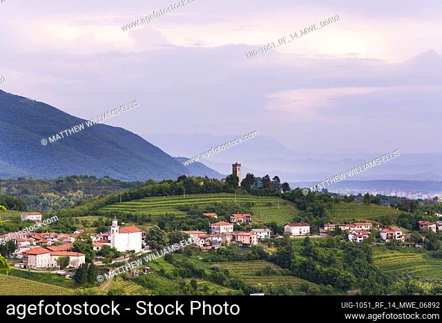 Vineyards and the hill top town of Kojsko, Goriska Brda (Gorizia Hills), in Brda, the wine region of Slovenia, Europe