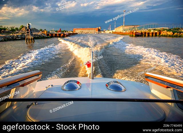 Italy, Venice, water trail from a motor boat