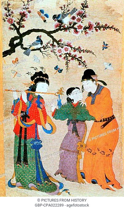 Central Asia / China: Musical scene in a garden. Islamic Chinoiserie, Siyah Kalem School, 15th century