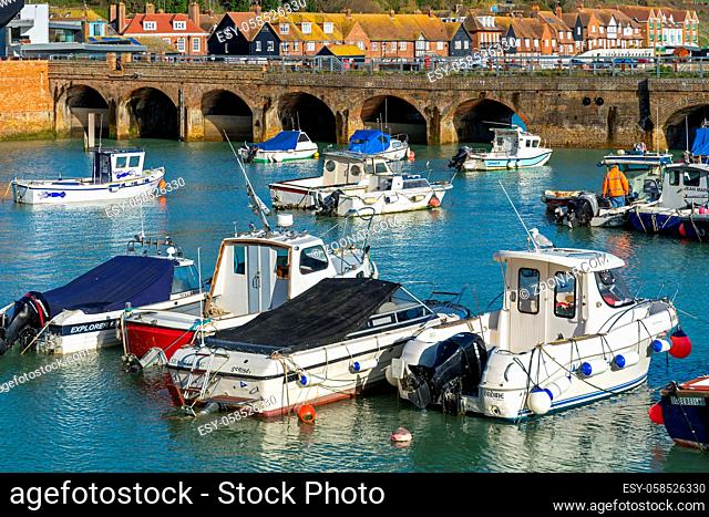 FOLKESTONE, KENT/UK - NOVEMBER 12 : View of boats in the harbour in Folkestone on November 12, 2019. One unidentified man