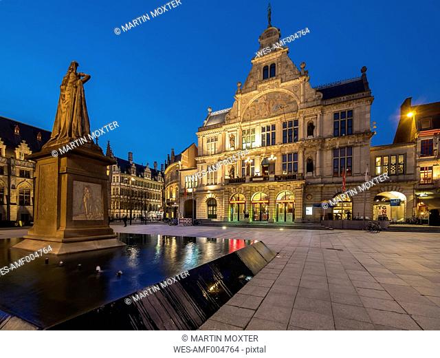 Belgium, Ghent, Sint-Baafsplein with monument and theater at dusk