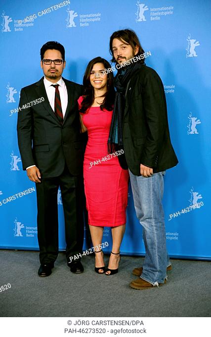 Actors Michael Pena (L-R), America Ferrera and filmmaker Diego Luna attend the photocall for the movie ""Cesar Chavez"" at the 64th Berlinale in Berlin, Germany