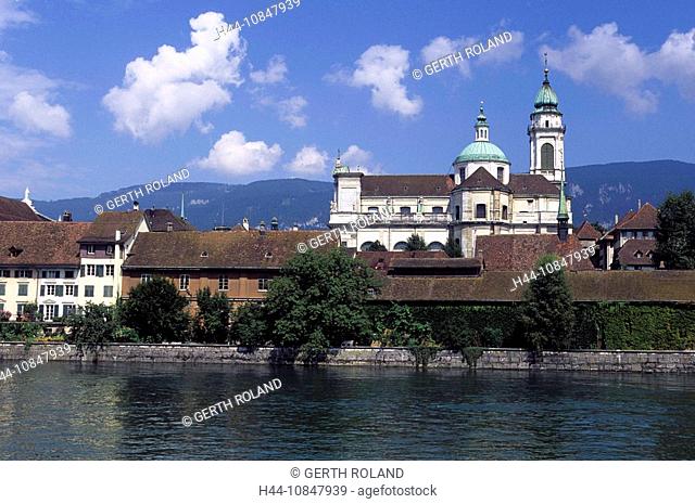 Switzerland, Europe, Canton Solothurn, town, Solothurn, water, flow, Aare river, church, Old Town, Cathedral St. Ursus