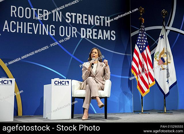 US Vice President Kamala Harris speaks during the Congressional Hispanic Caucus Institute leadership conference at the Walter E