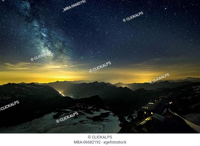 The starry sky and the Milky Way from the Gnifetti refuge in Monte Rosa Massif (Gressoney, Lys Valley; Aosta province, Aosta Valley, Italy, Europe)