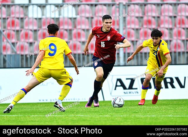 L-R Izan Fernandez (Andorra), Karel Pojezny (Czech) and Ot Remolins (Andorra) in action during the final match played within qualification for U-21 European...