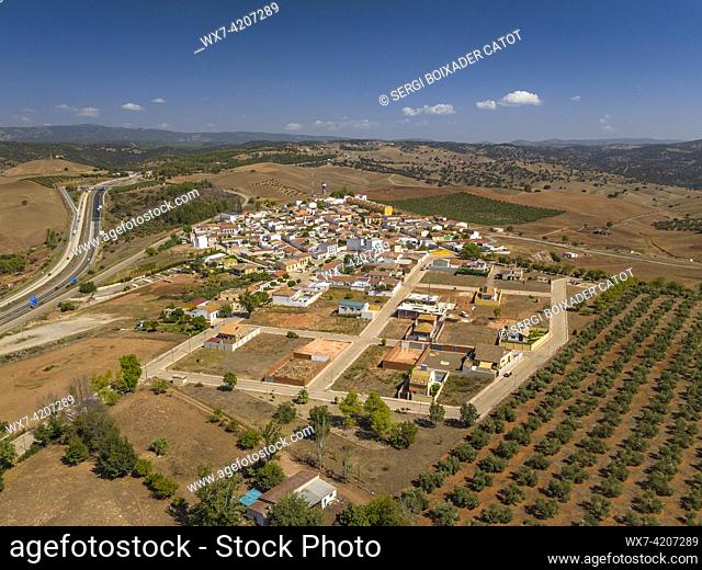 Aerial view of the town of Las Navas de Tolosa surrounded by olive fields (Jaén, Andalusia, Spain)