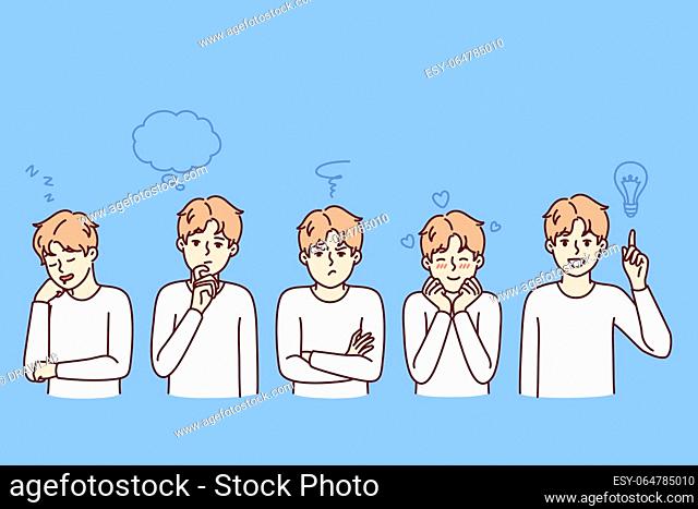 Little boy with different emotions and moods looks at screen showing thoughtfulness and joy or sadness. Teen schoolboy with various mental states and emotions...