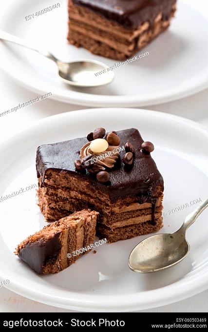 chocolate and coffee cake on a white plate