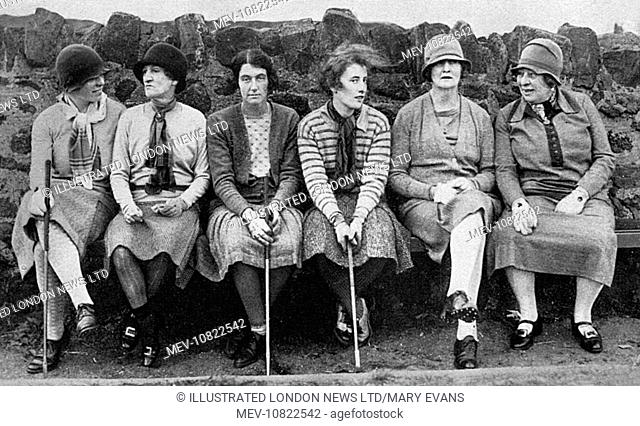 A group of well-known people at the famous hole on the North Berwick links: Miss Katherine Tennant on the left, then Lady Oxford; Lady Dorothy Macmillan; Mrs...