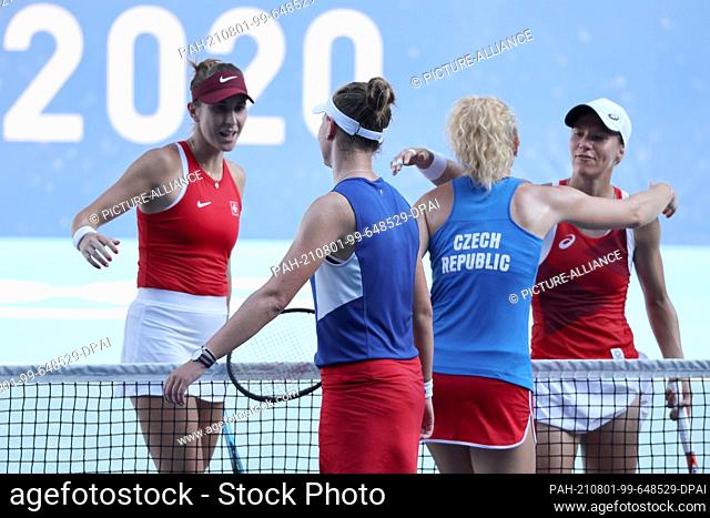 01 August 2021, Japan, Tokio: Tennis: Olympics, doubles, women, Krejcikova/Siniakova (Czech Republic) - Bencic/Golubic (Switzerland), final
