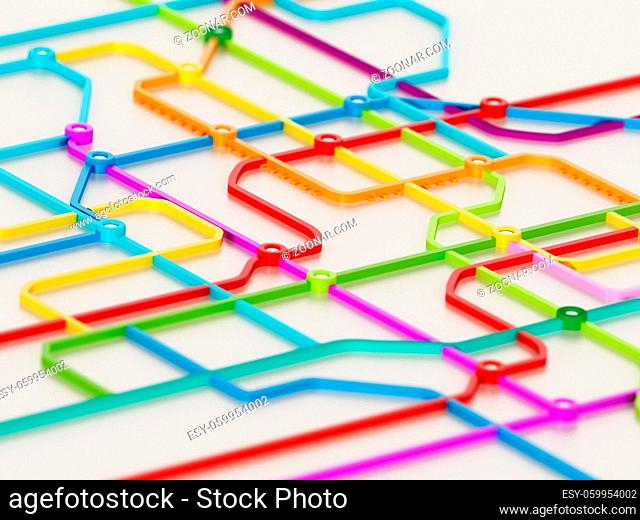 Subway map consisting of colorful crossing lines. 3D illustration