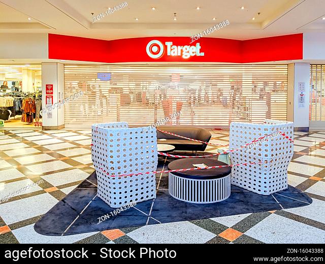 Melbourne, Australia - September 12, 2020: Greensborough Shopping Plaza and Target store is quiet and deserted on a Saturday afternoon during the Coronavirus...