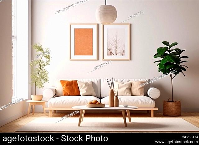 Mock up for two vertical frames, minimalist living room interior with a blank frame, gray sofa, indoor plant, and decorative vase on a side table