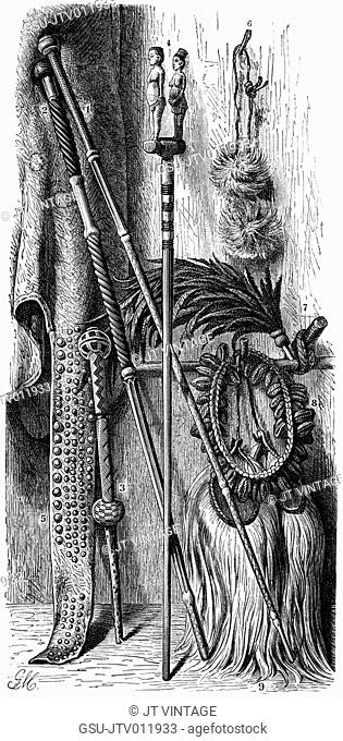 South African Native items: 1, 2 Chieftan's Staffs; 3, Dancing Staff; 4, Fetish Stick; 5, Mantle Cloth with Trailing Ornamentation; 6, Fly Brush worn on Head; 7