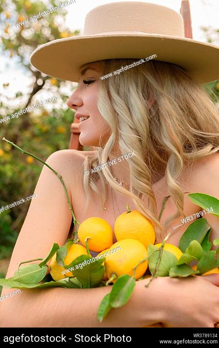 young woman, harvesting, lemon