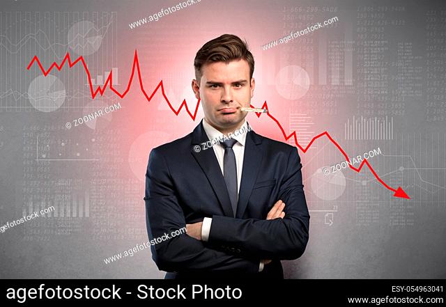 Young sick businessman with decreasing performance concept