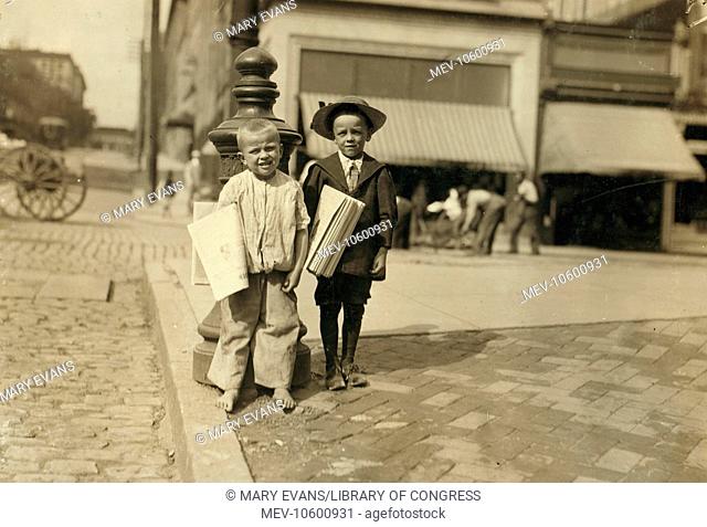 Richard Green, (with hat), 5 year old newsie, Richmond, Va. Willie - -, who said he was 8. (Compare them.) Many of these little newsboys here