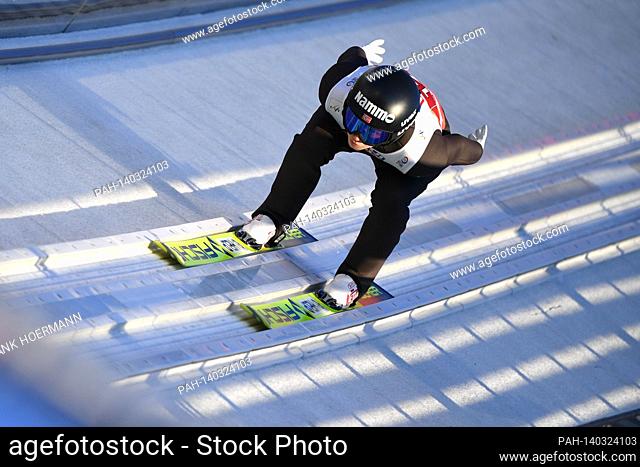 Silje OPSETH (NOR) in the inrun lane, action, single action, single image, cutout, full body shot, whole figure. Ski Jumping Mixed Normal Hill Team