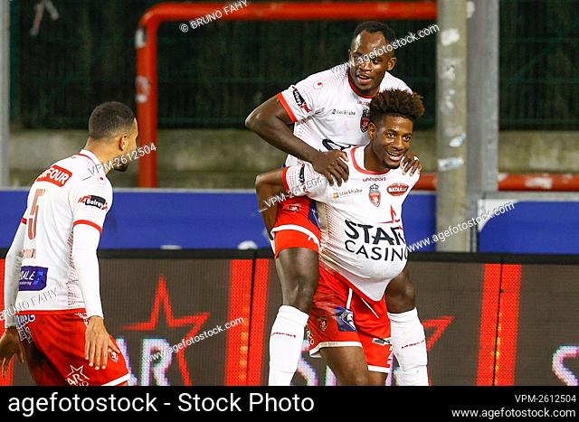 Mouscron's Nuno Da Costa celebrates after scoring during a soccer match between RE Mouscron and Oud-Heverlee Leuven, Tuesday 15 December 2020 in Mouscron