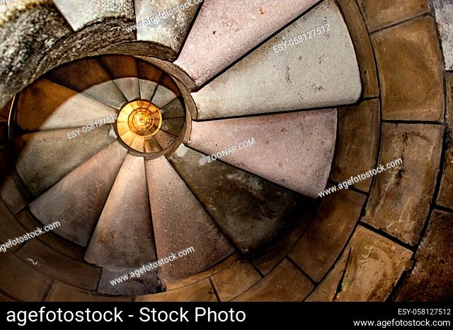 Interior view dangerous spiral staircase at famous church sacred family located in barcelona city, Spain