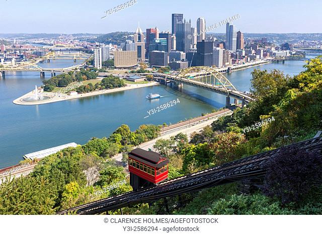 The Duquesne incline descends from Mt. Washington, with the skyline in the background in Pittsburgh, Pennsylvania